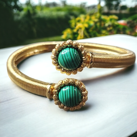18k Gold Plated Omega Malachite Bypass Bracelet